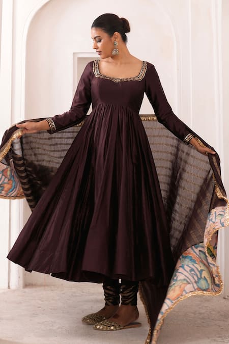 Buy Aamra By Lavanya Brown , Chanderi Embroidery Square Neck Hand Anarkali Set Online at Aza Fashions Buy_Aamra By Lavanya_Brown , Chanderi Embroidery Square Neck Hand Anarkali Set _Online_at_Aza_Fashions