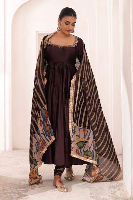 Shop Aamra By Lavanya Brown , Chanderi Embroidery Square Neck Hand Anarkali Set Online at Aza Fashions Shop_Aamra By Lavanya_Brown , Chanderi Embroidery Square Neck Hand Anarkali Set _Online_at_Aza_Fashions