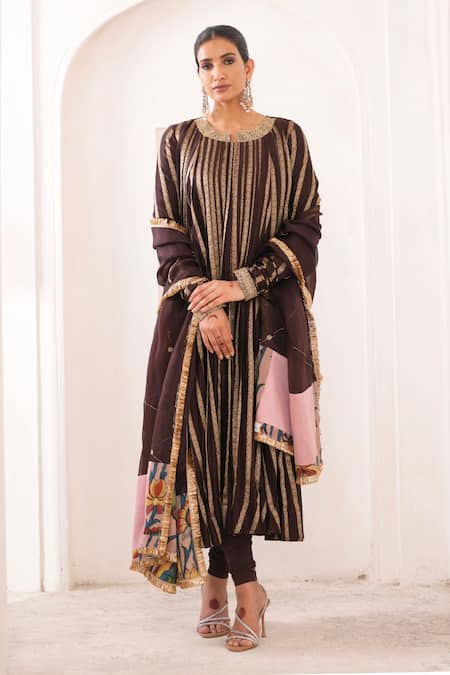 Aamra By Lavanya Brown Silk, Chanderi Silk, Organza Embroidery Round Neck Hand Anarkali Set 
