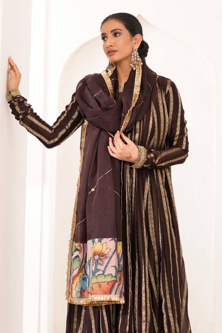 Buy_Aamra By Lavanya_Brown Silk, Chanderi Silk, Organza Embroidery Round Neck Hand Anarkali Set _Online_at_Aza_Fashions