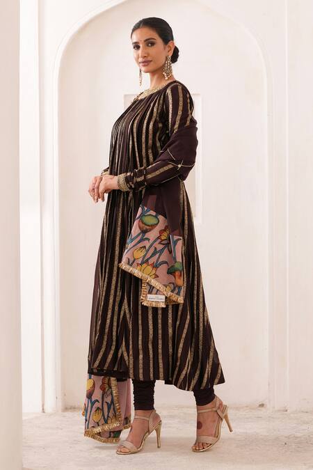 Shop_Aamra By Lavanya_Brown Silk, Chanderi Silk, Organza Embroidery Round Neck Hand Anarkali Set _Online_at_Aza_Fashions