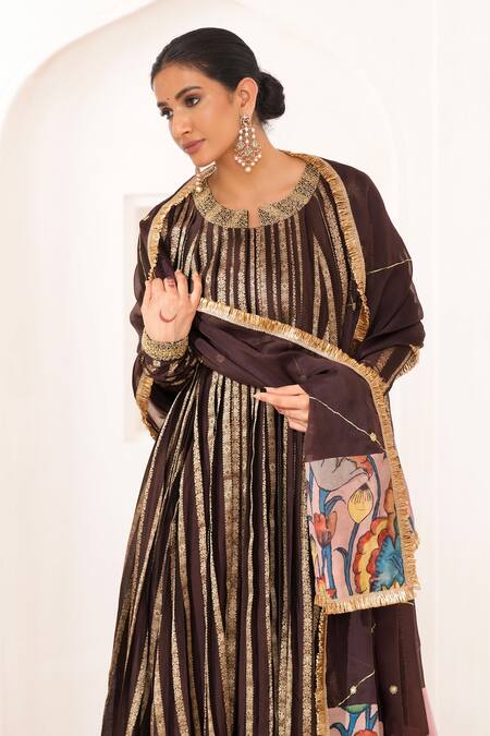 Aamra By Lavanya_Brown Silk, Chanderi Silk, Organza Embroidery Round Neck Hand Anarkali Set _at_Aza_Fashions