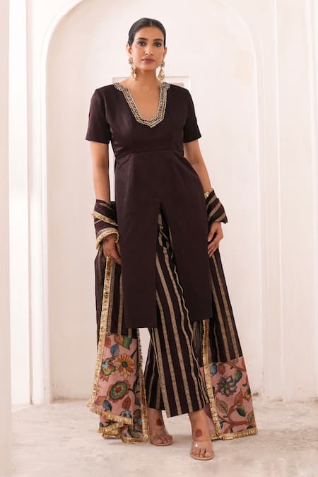Aamra By Lavanya Brown Silk, Chanderi Silk, Cotton Satin Embroidery V-neck Hand Kurta Set 