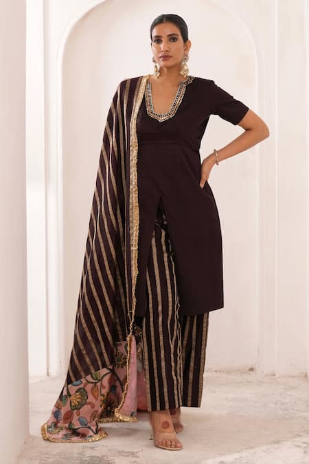 Shop_Aamra By Lavanya_Brown Silk, Chanderi Silk, Cotton Satin Embroidery V-neck Hand Kurta Set _Online_at_Aza_Fashions