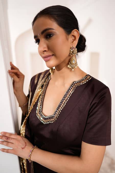 Aamra By Lavanya_Brown Silk, Chanderi Silk, Cotton Satin Embroidery V-neck Hand Kurta Set _at_Aza_Fashions