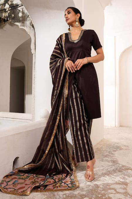 Shop_Aamra By Lavanya_Brown Silk, Chanderi Silk, Cotton Satin Embroidery V-neck Hand Kurta Set 