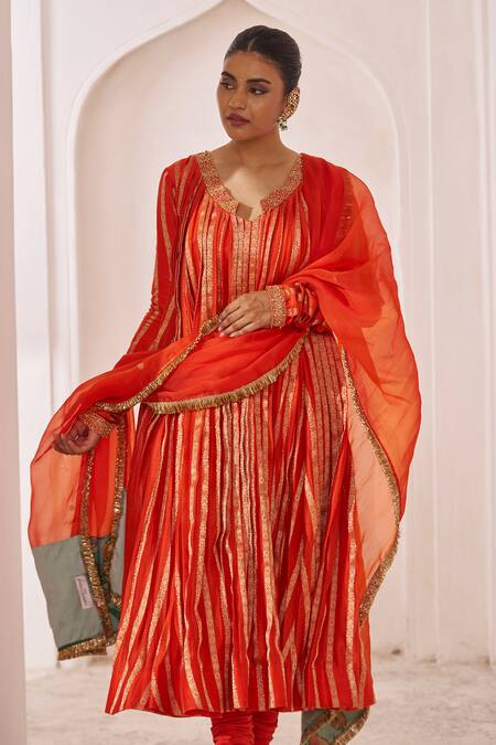 Aamra By Lavanya_Orange Silk, Chanderi Silk, Organza Embroidery, Zari Round Hand Anarkali Set _Online_at_Aza_Fashions