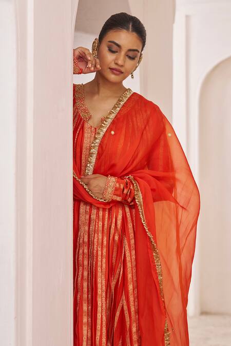 Buy_Aamra By Lavanya_Orange Silk, Chanderi Silk, Organza Embroidery, Zari Round Hand Anarkali Set _Online_at_Aza_Fashions