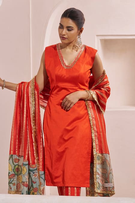 Shop_Aamra By Lavanya_Orange , Cotton Satin, Chanderi Embroidery V-neck Hand Kurta Set _Online_at_Aza_Fashions