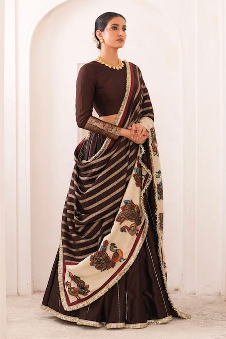 Aamra By Lavanya_Brown , Chanderi Embroidery Round Neck Hand Lehenga Set _Online_at_Aza_Fashions