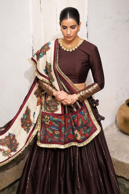 Buy_Aamra By Lavanya_Brown , Chanderi Embroidery Round Neck Hand Lehenga Set _Online_at_Aza_Fashions