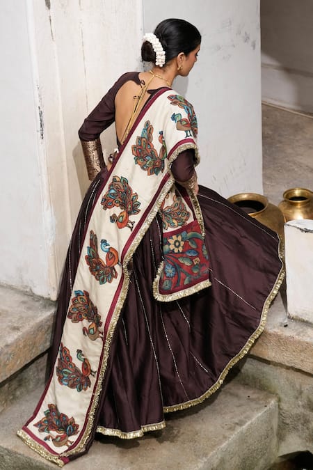 Aamra By Lavanya_Brown , Chanderi Embroidery Round Neck Hand Lehenga Set _at_Aza_Fashions