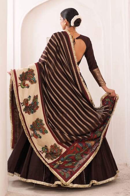 Buy_Aamra By Lavanya_Brown , Chanderi Embroidery Round Neck Hand Lehenga Set 