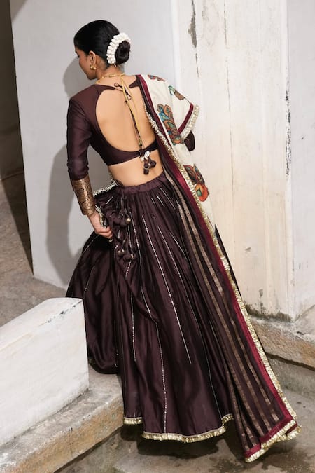 Shop_Aamra By Lavanya_Brown , Chanderi Embroidery Round Neck Hand Lehenga Set 