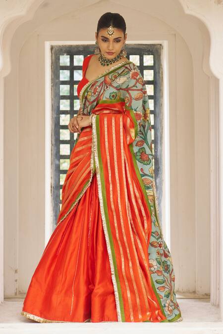 Aamra By Lavanya_Orange , Chanderi Embroidery V-neck Hand Lehenga Set _Online_at_Aza_Fashions