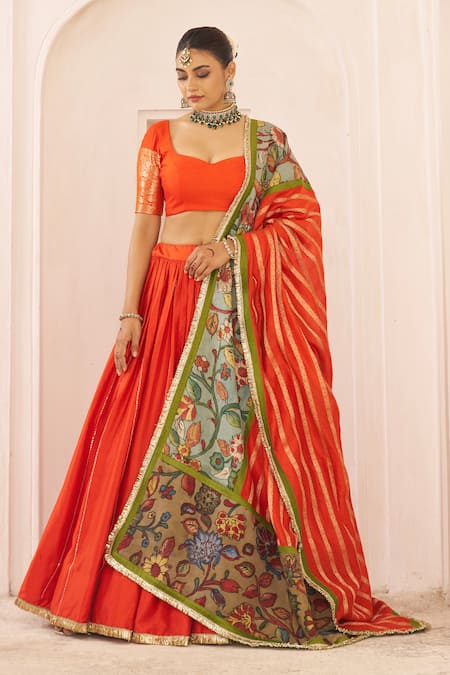 Buy_Aamra By Lavanya_Orange , Chanderi Embroidery V-neck Hand Lehenga Set _Online_at_Aza_Fashions