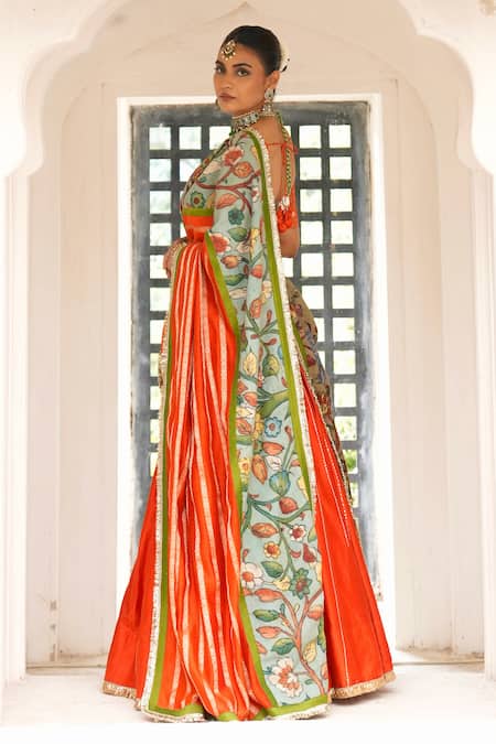 Shop_Aamra By Lavanya_Orange , Chanderi Embroidery V-neck Hand Lehenga Set _Online_at_Aza_Fashions