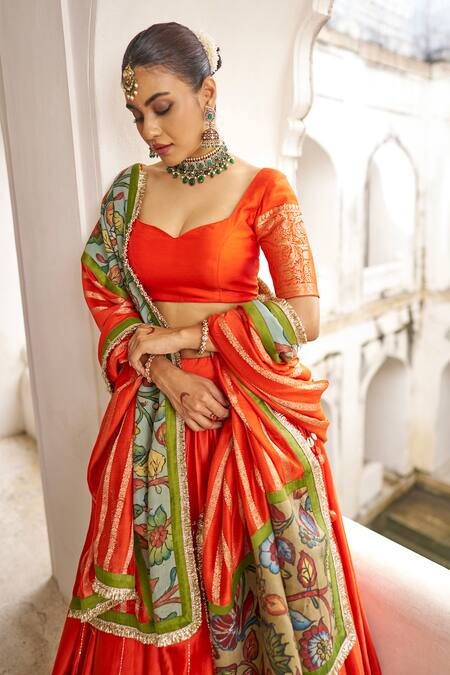 Aamra By Lavanya_Orange , Chanderi Embroidery V-neck Hand Lehenga Set _at_Aza_Fashions
