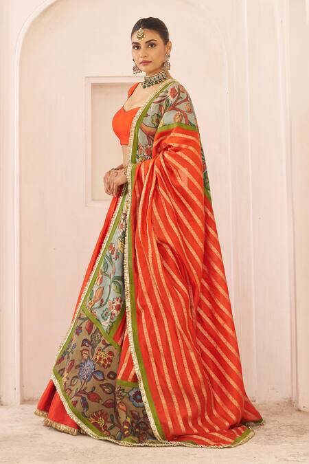 Buy_Aamra By Lavanya_Orange , Chanderi Embroidery V-neck Hand Lehenga Set 