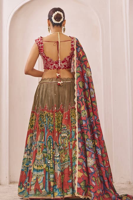 Aamra By Lavanya Olive-Green & Maroon Hand Embroidered Lehenga 