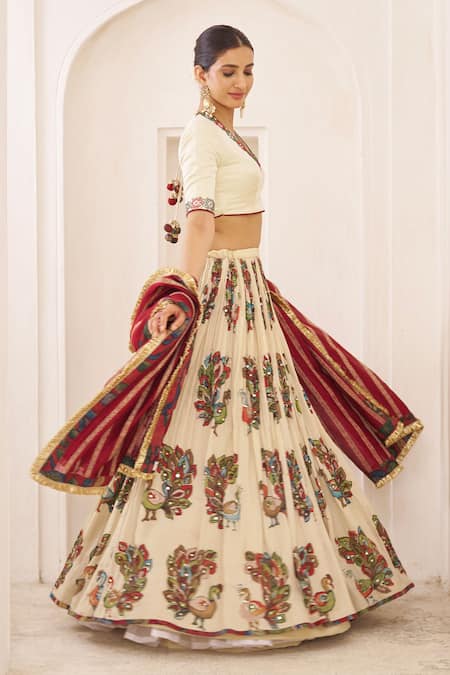 Aamra By Lavanya_Ivory , Chanderi Embroidery, Pom-poms, Tassels Maroon Hand Lehenga Set _Online_at_Aza_Fashions