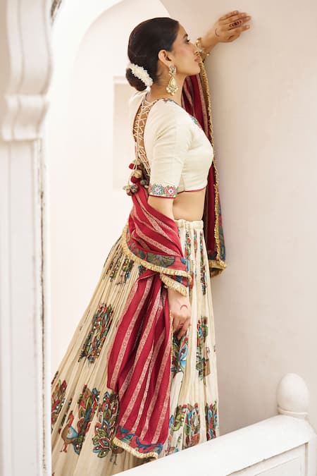 Buy_Aamra By Lavanya_Ivory , Chanderi Embroidery, Pom-poms, Tassels Maroon Hand Lehenga Set _Online_at_Aza_Fashions
