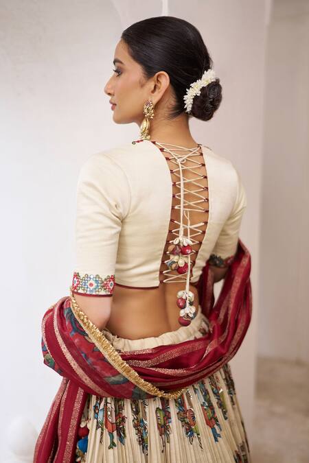 Aamra By Lavanya_Ivory , Chanderi Embroidery, Pom-poms, Tassels Maroon Hand Lehenga Set _at_Aza_Fashions