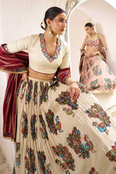 Shop_Aamra By Lavanya_Ivory , Chanderi Embroidery, Pom-poms, Tassels Maroon Hand Lehenga Set 