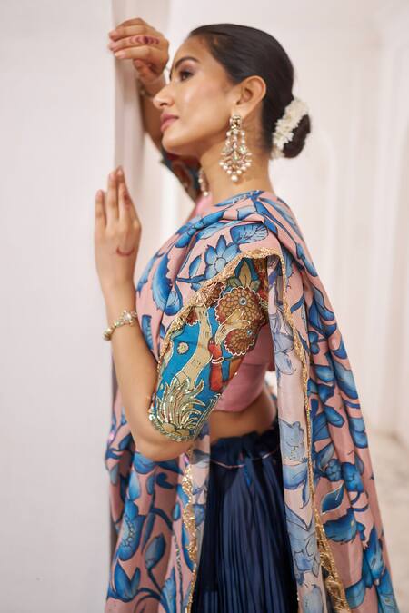 Aamra By Lavanya_Blue Silk Pom-poms, Embroidery, Tassels Round Neck And Pink Hand Lehenga Set _Online_at_Aza_Fashions