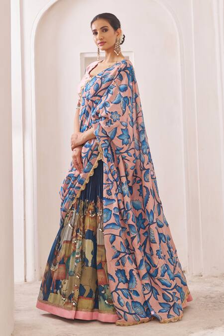 Buy_Aamra By Lavanya_Blue Silk Pom-poms, Embroidery, Tassels Round Neck And Pink Hand Lehenga Set _Online_at_Aza_Fashions