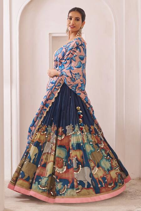 Shop_Aamra By Lavanya_Blue Silk Pom-poms, Embroidery, Tassels Round Neck And Pink Hand Lehenga Set _Online_at_Aza_Fashions