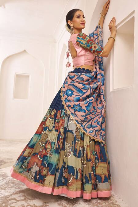 Buy_Aamra By Lavanya_Blue Silk Pom-poms, Embroidery, Tassels Round Neck And Pink Hand Lehenga Set 