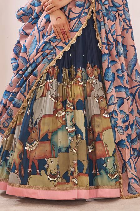 Shop_Aamra By Lavanya_Blue Silk Pom-poms, Embroidery, Tassels Round Neck And Pink Hand Lehenga Set 