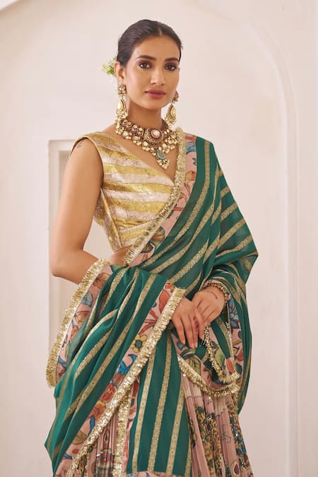 Aamra By Lavanya_Multi Color , Chanderi Sandrose Pink And Teal Green Designer Lehenga Set _Online_at_Aza_Fashions