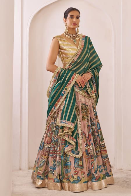 Buy_Aamra By Lavanya_Multi Color , Chanderi Sandrose Pink And Teal Green Designer Lehenga Set _Online_at_Aza_Fashions