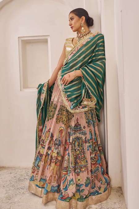 Shop_Aamra By Lavanya_Multi Color , Chanderi Sandrose Pink And Teal Green Designer Lehenga Set _Online_at_Aza_Fashions