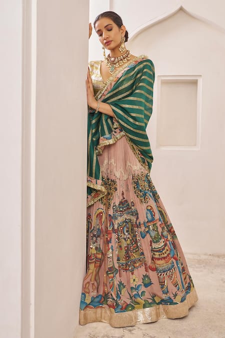 Aamra By Lavanya_Multi Color , Chanderi Sandrose Pink And Teal Green Designer Lehenga Set _at_Aza_Fashions