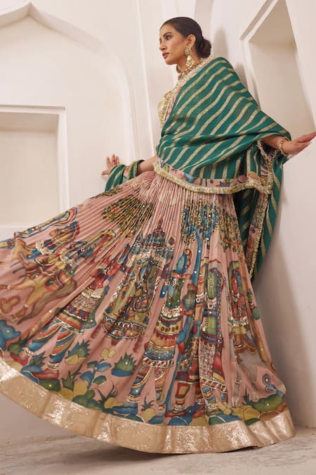 Buy_Aamra By Lavanya_Multi Color , Chanderi Sandrose Pink And Teal Green Designer Lehenga Set 