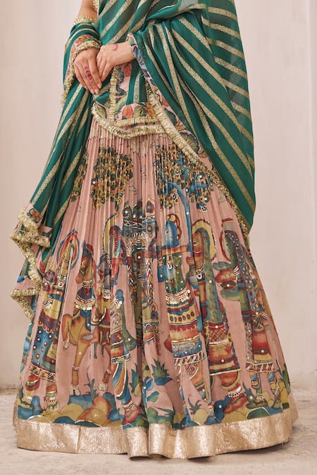 Shop_Aamra By Lavanya_Multi Color , Chanderi Sandrose Pink And Teal Green Designer Lehenga Set 