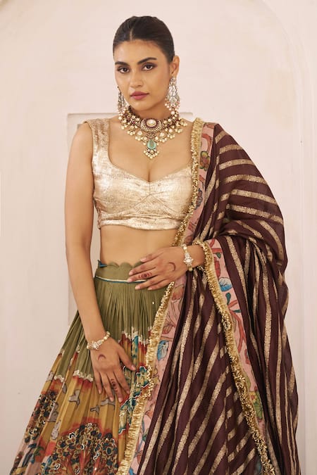 Aamra By Lavanya_Olive Green , Chanderi Embroidery Designer Olive-green Lehenga Set _Online_at_Aza_Fashions