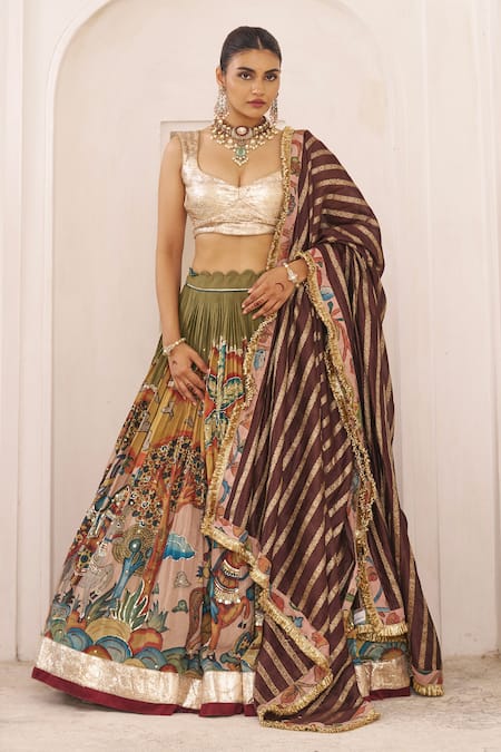 Shop_Aamra By Lavanya_Olive Green , Chanderi Embroidery Designer Olive-green Lehenga Set _Online_at_Aza_Fashions