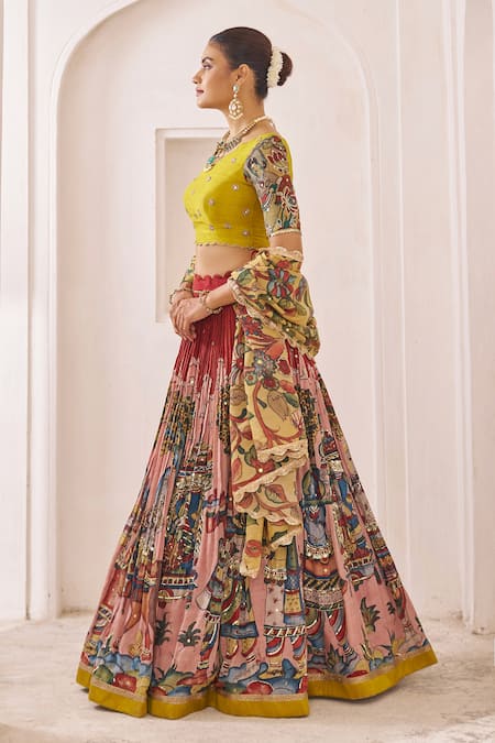 Aamra By Lavanya_Multi Color Silk Embroidery, Sequins Round Maroon And Oakre-yellow Hand Lehenga _Online_at_Aza_Fashions