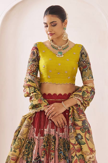 Buy_Aamra By Lavanya_Multi Color Silk Embroidery, Sequins Round Maroon And Oakre-yellow Hand Lehenga _Online_at_Aza_Fashions