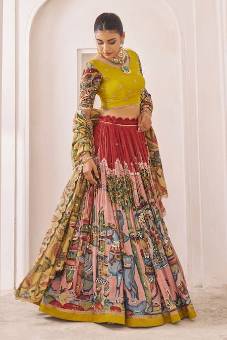 Shop_Aamra By Lavanya_Multi Color Silk Embroidery, Sequins Round Maroon And Oakre-yellow Hand Lehenga _Online_at_Aza_Fashions