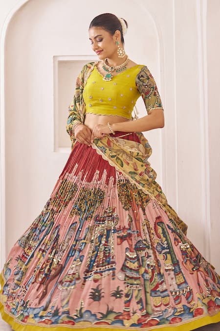 Aamra By Lavanya_Multi Color Silk Embroidery, Sequins Round Maroon And Oakre-yellow Hand Lehenga _at_Aza_Fashions