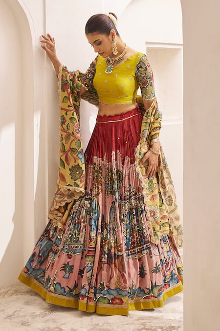Buy_Aamra By Lavanya_Multi Color Silk Embroidery, Sequins Round Maroon And Oakre-yellow Hand Lehenga 