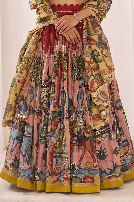 Shop_Aamra By Lavanya_Multi Color Silk Embroidery, Sequins Round Maroon And Oakre-yellow Hand Lehenga 