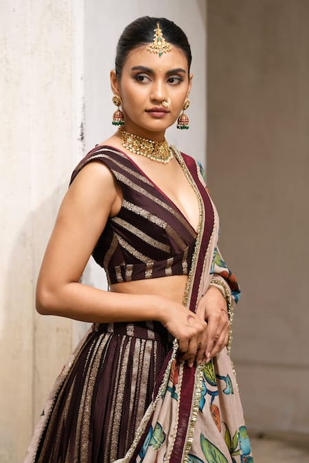 Buy_Aamra By Lavanya_Brown , Chanderi Embroidery V-neck And Sandrose-pink Hand Lehenga _Online_at_Aza_Fashions