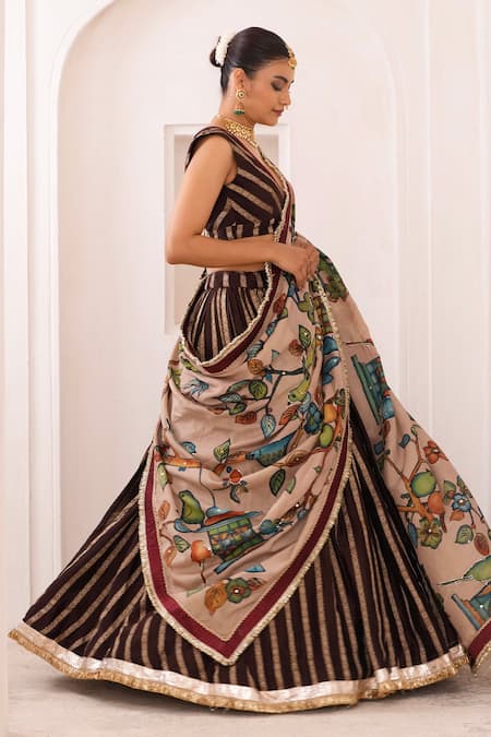 Shop_Aamra By Lavanya_Brown , Chanderi Embroidery V-neck And Sandrose-pink Hand Lehenga _Online_at_Aza_Fashions