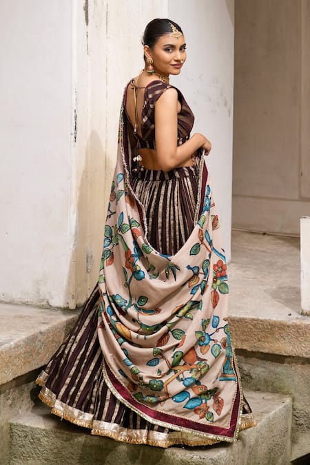 Aamra By Lavanya_Brown , Chanderi Embroidery V-neck And Sandrose-pink Hand Lehenga _at_Aza_Fashions